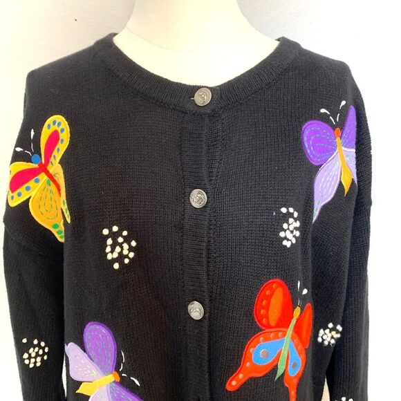 The Quacker Factory Women's 1X Button Up Cardigan Black w/ Butterflies - Picture 3 of 13
